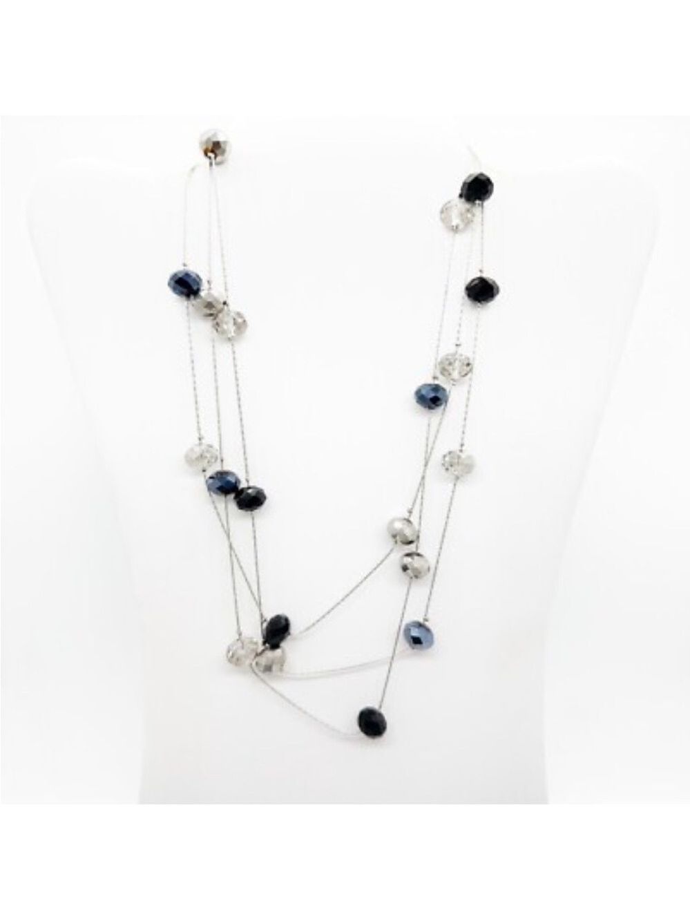 Ali Khan New York Necklace Long Faceted Crystal Bead Black Silver